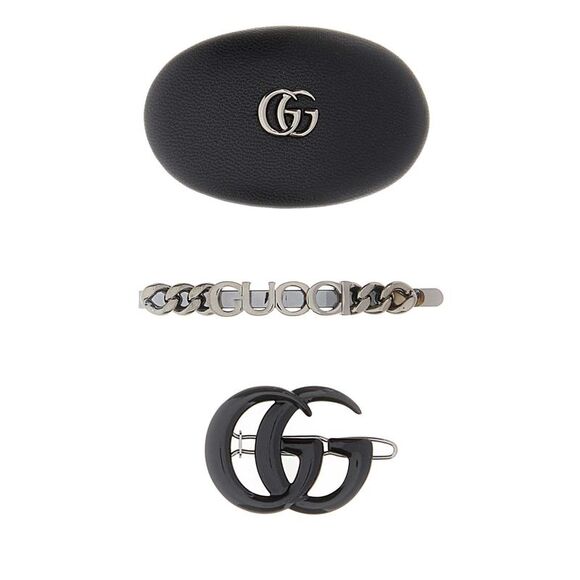 Gucci Women Black Leather And Metal Hair Clips Set